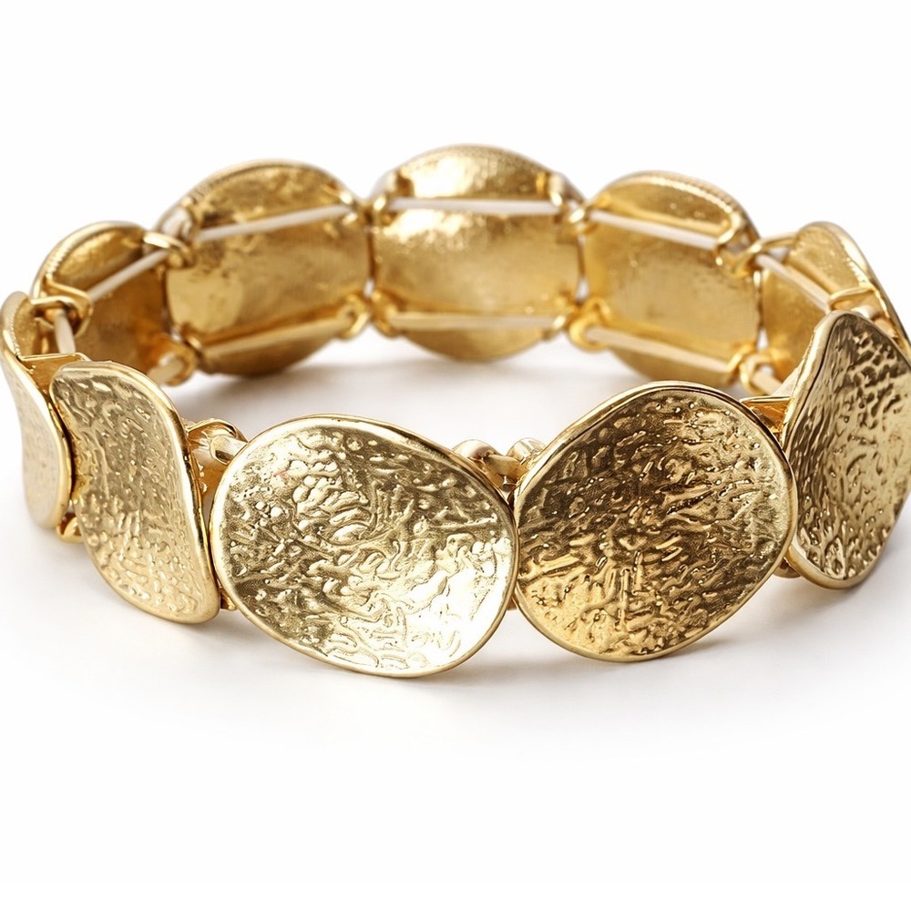 Gold Hammered Textured Oval Disc Stretch Statement Bracelet Vintage Style